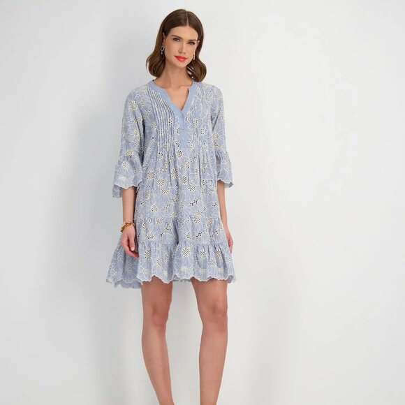 Axel Cotton Kaftan Dress with Broderie Lace - Skyblue - Picture 1 of 12